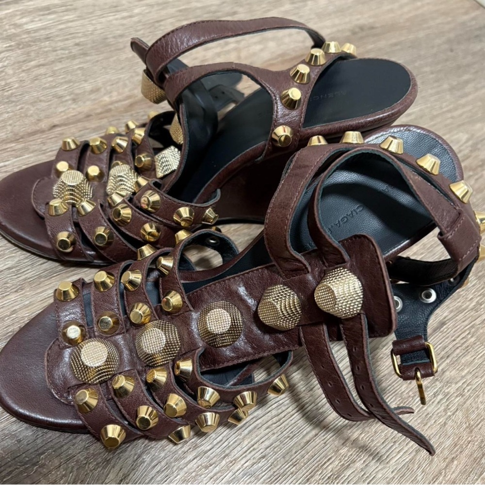 Balenciaga Brown and Gold Wedge Sandals